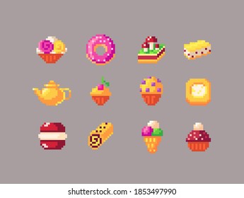 Pixel art desserts different kinds. Set of sweet food icons. Vector illustration.