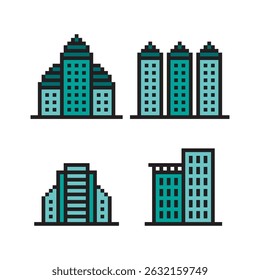 Pixel Art Detailed Building Silhouette Set, Minimalist Architecture Urban Pixelated Design