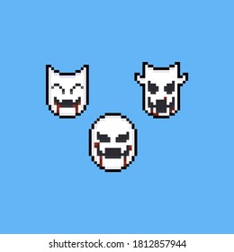 Pixel art devil mask with blood  icon set.