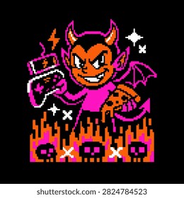 Pixel Art Devil Playing Videogames and Eating Pizza