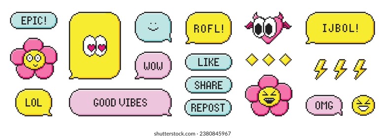 Pixel art dialogue box, acronym word IJBOL, LOL, ROFL, flower. Speech bubbles in the mood of 90's aesthetics. Vector 8-bit retro style illustration set. 
