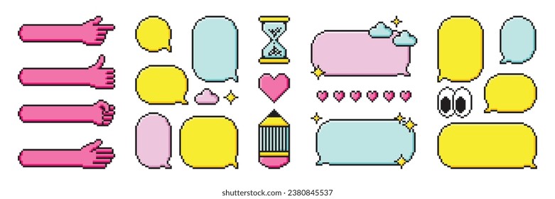 Pixel art dialogue box, hand, heart, star, cloud clipart. Speech bubbles in the mood of 90's game aesthetics. Vector 8-bit retro style illustration for card, social media, banner, stickers.