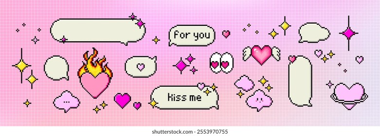 Pixel art dialogue box and retro game style element, heart and star. Speech bubbles in the mood of 90's aesthetics. Vector 8-bit pixelated retro style illustration.