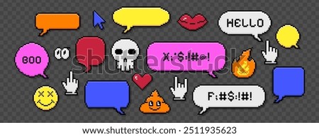 Pixel art dialogue box set with heart love, skull icons, bad swear words. Chat speech bubbles, message frames, talk balloons in 8bit retro style. Pixelated red mouth, funny smile face and poop sticker