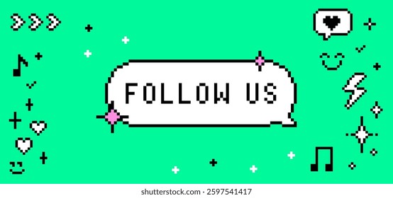 Pixel art dialogue box text saying Follow us. Confetti and sparkles. 8 bit retro style vector background. Simple geometric form. Mood of 90's. Game abstract element. Y2k trendy vector illustration
