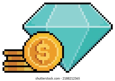 Pixel art diamond and coins. gemstone and money vector icon for 8bit game on white background

