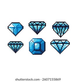 pixel art diamond icon set with blue color ,good for your game asset and project.	