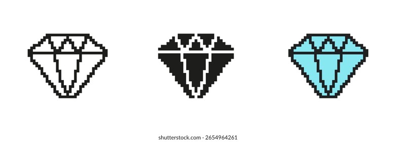 Pixel Art Diamond Icon Set. A Pixelated Diamond Shape With Crisp Geometric Lines. Isolated Vector Illustration.