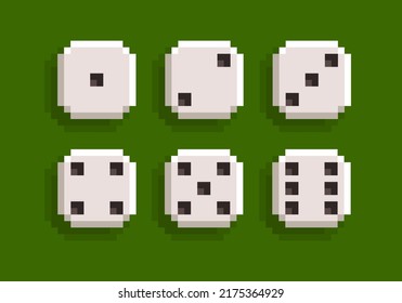 Pixel Art Dice icon set on green Game Table. Board Game in 80s - 90s retro style. 8-bit video game assets sprite. Vector illustration 