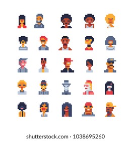 Pixel art different avatar profile characters set. 80s video game sprites. Various people characters, girls and men. Male and female faces, user pic. Isolated vector illustration. Sticker design.