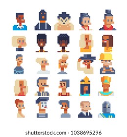 Pixel art different avatar profile characters set. 80s video game sprites. Various people characters, girls and men. Male and female faces, user pic. Isolated vector illustration. Sticker design.