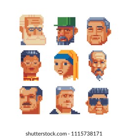 Pixel art different avatar profile characters set. 80s video game sprites. Various people characters, girls and men. Male and female faces, user pic. Isolated vector illustration. Sticker design.
