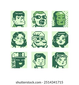 Pixel art different avatar profile characters set. 80s video game sprites. Various people, girls and men. Male and female faces, user pic. Isolated vector illustration. Sticker design.