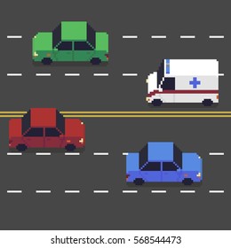 Pixel art different colored cars on the road