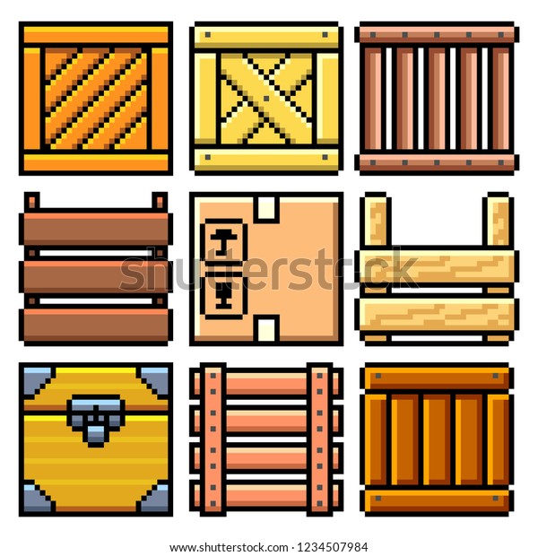 Pixel Art Different Crates Set Detailed Stock Vector (Royalty Free