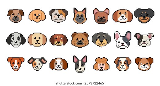 Pixel art different type of dog faces vector in retro style for design.