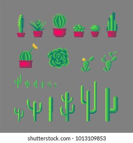 Pixel art different types of cactus set.