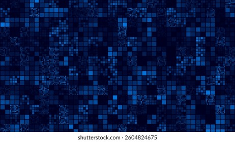 Pixel Art, Digital Grid, and Technology Background in Blue Tones, Abstract Data Mosaic with Geometric Squares and Blocks, Perfect for Tech Themes and Futuristic Design, Vector Illustration.