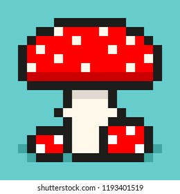Pixel art, digital mushroom, big and small red amanita, flat web icon, vector design retro object