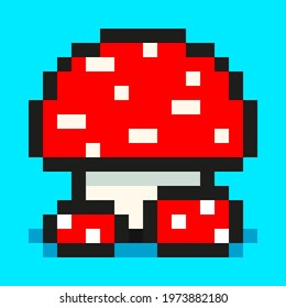 Pixel art, digital mushroom, big and small red amanita, flat web icon, vector design retro object