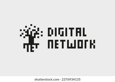 Pixel art digital tree logo design. Digital and Network, Technology logo concept.