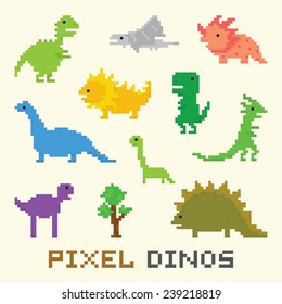 Pixel art dinos vector object set