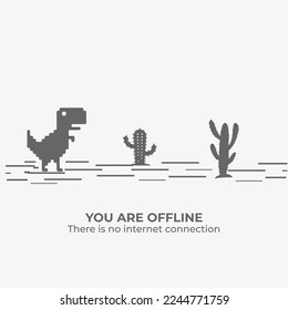 El arte de los píxeles de los dinosaurios describe un error fuera de línea para internet. Ningún concepto de diseño de páginas web de Internet. Concepto de ilustración vectorial del ícono de dinosaurio pixelado.