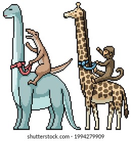 pixel art of dinosaur giraffe riding 