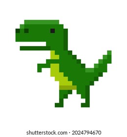 Pixel art of dinosaur icon isolated on white background. Big cheerful prehistoric green tyrannosaurus. Character game vector illustration