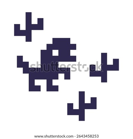 Pixel art dinosaur icon vector describing offline error for internet symbol no internet. Dino with 3 cactus. Flat vector illustration isolated on white background.