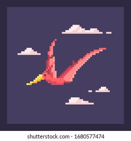 Pixel Art Dinosaur In Nature. Cute Pixelated Dino Icon. Vector Illustration.