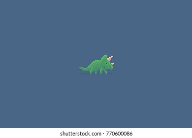 Pixel art dinosaur, triceratops on blue background