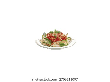 Pixel Art Gericht aus Pasta mit Tomaten und Kräutern. 8 Bit. Spieleentwicklung, mobile App. Isolierte Vektorgrafik.	