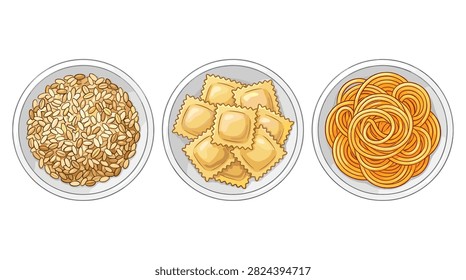 Pixel art dishes featuring risotto ravioli and pasta served in individual bowls