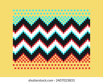 Pixel Art Dithering Blau und Rot Zig Zag mit gelbem Hintergrund, abstrakte Illustration
