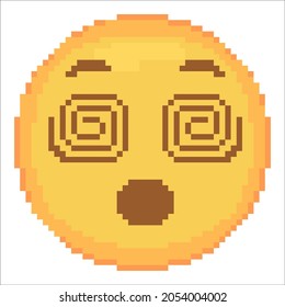 Pixel art Dizzy Emoji face icon. Vector cute pixel shock emoticon with opened mouth. Awe Emoji in retro pixel 8 bit style. Dizzy amazement emoji smile with spiral eyes yellow face isolated icon.