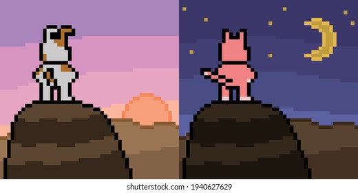 Pixel Art Dog Cat Top Of Mountain