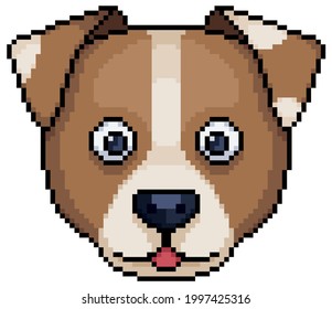 Pixel Art Dog Face Icon For 8bit Game On White Background.
