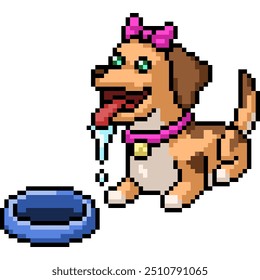 pixel art of dog hungry food bowl isolated background