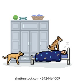 pixel art of dog prank man