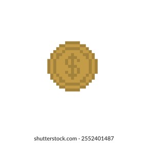 Icono del Vector de la moneda de bronce del dinero del dólar del arte del pixel para los juegos de 8 pedazos en el fondo blanco