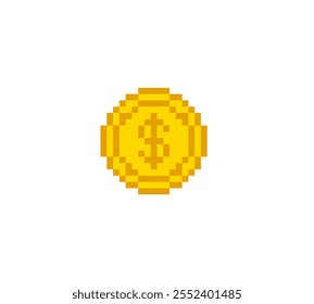 Pixel art dollar money gold coin vector icon for 8 bit games on white background