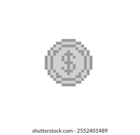 Icono del Vector de la moneda de plata del dinero del dólar del arte del pixel para los juegos de 8 pedazos en el fondo blanco