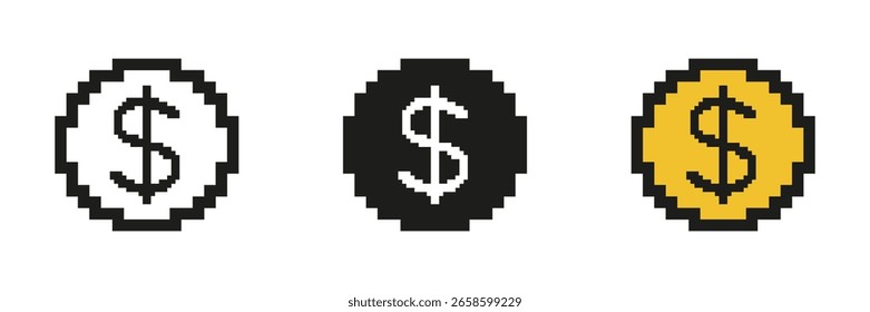 Pixel Art Dollar Symbol en el conjunto de iconos de círculo. Signo De Dólar Pixelado Dentro Del Círculo, Símbolo De Dinero O Finanzas. Ilustración vectorial aislada.