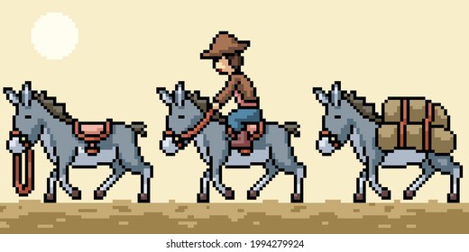 pixel art of donkey caravan travel