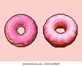Pixel Art Donut Set 8-bit Sweet Treat Icons (em inglês). Um conjunto delicioso de ícones de rosquinha estilo pixel art de 8 bits.