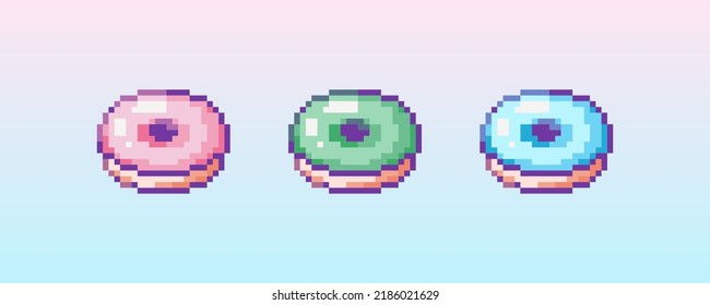 Pixel art donuts icon. 8 bit vector sticker or smile of colorful donuts in retro 90s gaming style. Mosaic trendy funky pixel set of sweet donuts. Snack food doughnut sign.