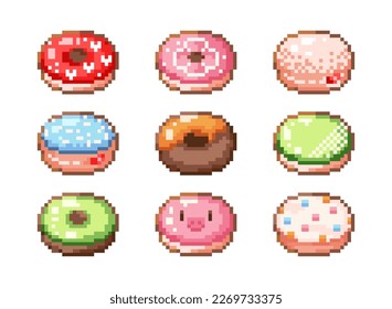 Pixel art donuts. Set of 8 bit colorful icons of donuts for web design and decorative stickers. Video game style food icons of sweet snacks. Pixel doughnut rings with chocolate and cream.