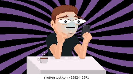 Pixel art doomscrolling concept - man absorbed in reading bad news, negative information in internet. Sad and confused person with phone on swirling background. Vector illustration.