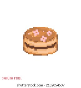 Pixel art dorayaki cake icon. Vector 8 bit style illustration of japanese pancakes with chocolate. Dorayaki decorative oriental element of retro video game computer graphic.